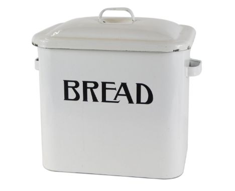 An enamel bread bin, on white enamelled ground, 29cm high, 28cm wide.