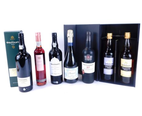 A group of alcohol, comprising Pink Port, Taylors 10yr Old Tawny Port, W &amp; J Grahams Port, in green box, bottled 2013, Gr