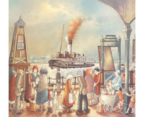 After Brian J Gordon. The New Brighton boat from pier, print, signed in pencil to margin, 41cm x 43cm, framed and glazed.