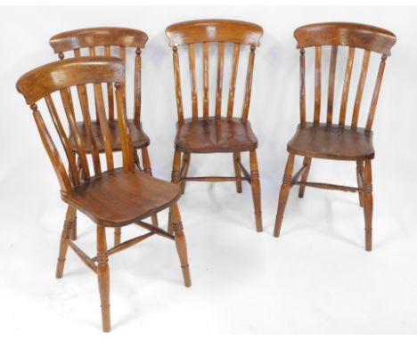 A set of four 19thC beech and elm stick back kitchen chairs.