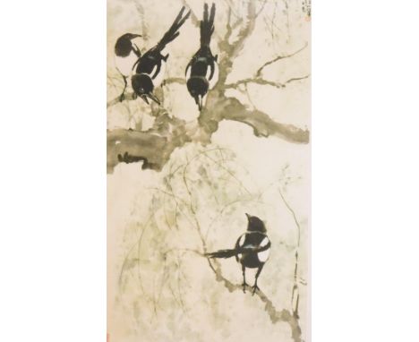 20thC Oriental school. Print of magpies, six character stamp, 30cm x 18cm, framed and glazed.