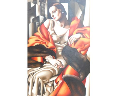 After Tumarn de Lempicka. Art Deco style print of a lady, in red evening dress, with Deco type styles, ink offset lithograph,