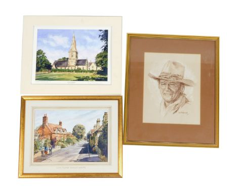 After Terry Shelbourne. A group of prints,  comprising Low Road Manthorpe, pencil sketch of John Wayne, and mounted St Johns 
