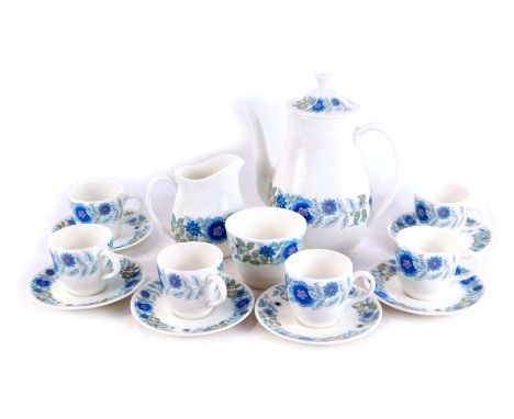 A Wedgwood Clementine pattern porcelain part coffee service, comprising coffee pot, six cups and saucers, milk jug and a suga