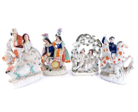 Four late 19thC Staffordshire pottery flat back figures, comprising a clock figure group, St George &amp; the dragon, lovers 