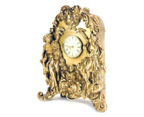 A Thomas Blakemore style gilt finish mantel clock, with two classical and greyhound figures, in rococo style, formed of plast