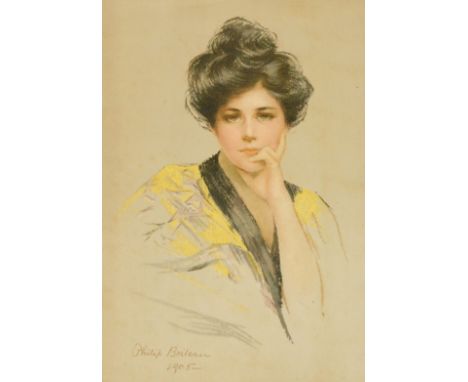 After Philip Boileau. A print of a lady in flowing dress, in a carved oak frame, dated 1905, 52cm x 42cm.