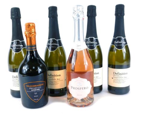 A group of Prosecco, comprising four bottles of Definition Prosecco, a Valdobbiadene Prosecco for 2020, and a Prospero Rose P