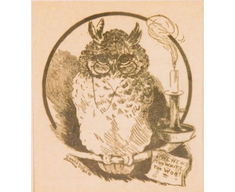 After Louis Wain. Owl News Twit Twoo, circa 1910, black and white print, 9cm x 9cm, framed and glazed.