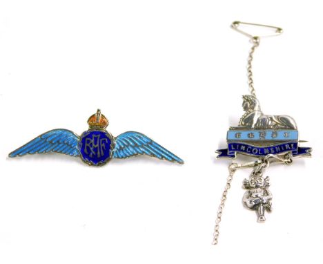 A silver RAF wings enamel sweetheart brooch, 5.5cm wide, and an RAF Lincolnshire Regiment Egypt badge with enamel detailing, 
