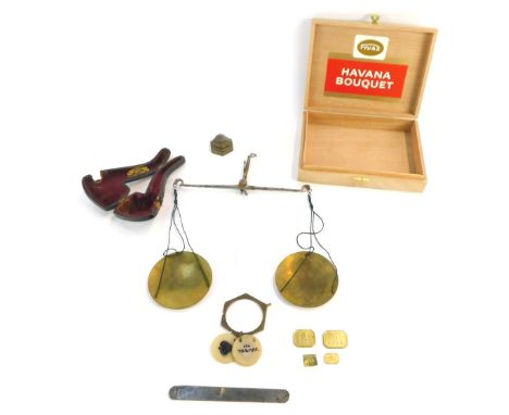 A vintage set of gold scales, in Havana Bouquet box, with an empty pipe case. (3)
