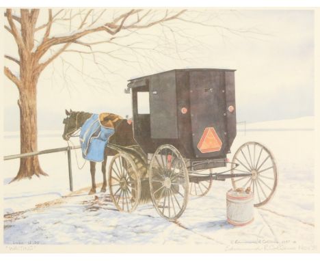 After Edmund R Collins. Waiting, horse with coach, the print from 1987, signed in pencil to margin November '91, 20cm x 25cm,