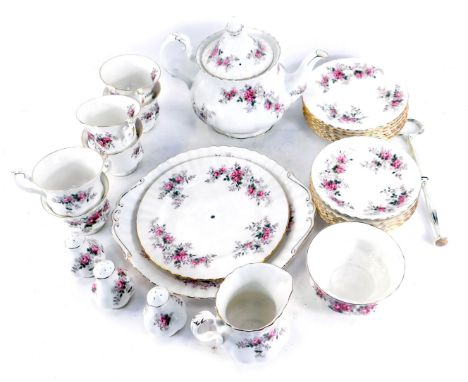 A Royal Albert Lavender Rose pattern porcelain part tea service, comprising teapot, six cups and saucers, milk jug, sugar bow