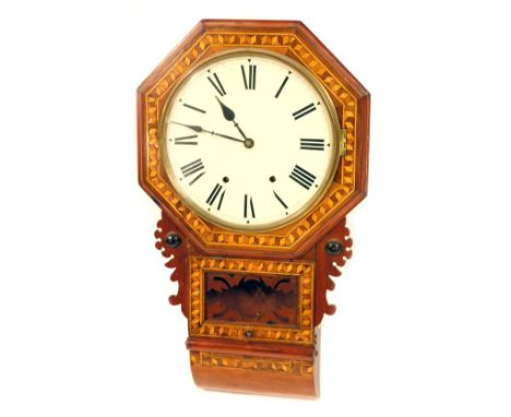 A late 19thC parquetry inlaid wall clock, the octagonal top with white painted Roman numeric dial with black hands, with swin