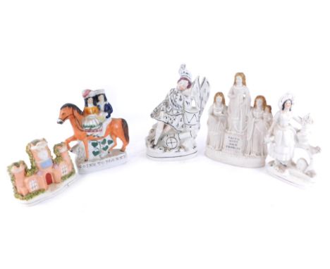 Five late 19thC Staffordshire and bisque flat back figures, comprising two figures on horseback, white finish maiden, group e