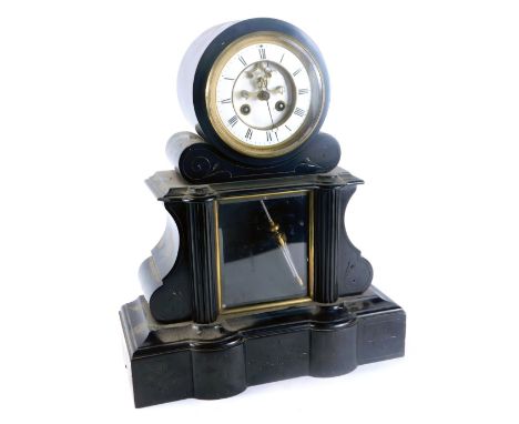 A 19thC black marble mantel clock, the raised open work top, with Roman numeric dial and visible brocot escapement, mercury p