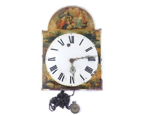 A 19thC longcase clock face, with a painted outer dial depicting warriors and angels, with cream Roman numeric dial with gilt