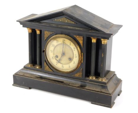 A Victorian ebonised cased mantel clock, with gilt dial, eight day movement, the case of architectural form, 35cm high, 43cm 