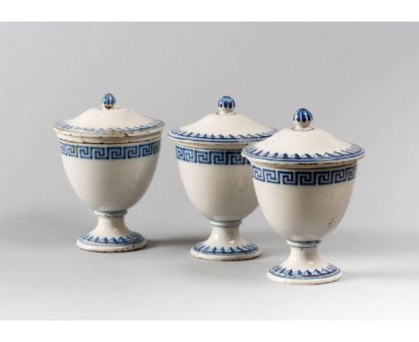 END OF XVIII CENTURY CERAMIC VASES FOR SPICES One of the three have visible restored parts h cm 23