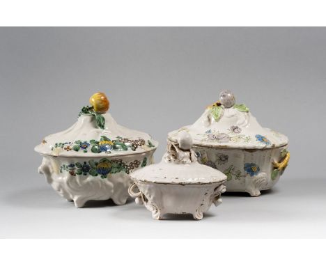 THREE XVIII CENTURY SAVONA MAIOLICA SOUP BOWL One small white enamel and other have polychrome  flower decoration Measures cm