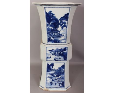 A LARGE CHINESE KANGXI STYLE BLUE & WHITE SQUARE SECTION PORCELAIN GU VASE, decorated with a variety of panels of river lands