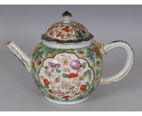 AN 18TH CENTURY CHINESE CLOBBERED PORCELAIN TEAPOT & COVER, with a few loose sprays in underglaze-blue, the remainder of the 