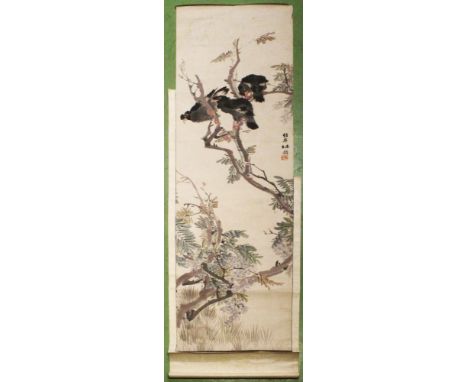 ANOTHER SIGNED CHINESE SCROLL PAINTING ON PAPER, with calligraphy and an artist's seal, depicting a group of birds perched on