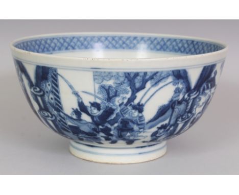 A CHINESE BLUE & WHITE PORCELAIN BOWL, the sides decorated with a continuous figural terrace scene, the base with a six-chara