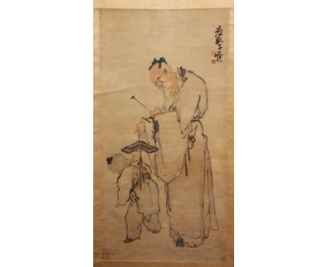 ANOTHER GOOD CHINESE HANGING SCROLL PAINTING ON PAPER OF A SAGE BEARING A JADE MUSICAL STONE, the painting possibly by Huang 