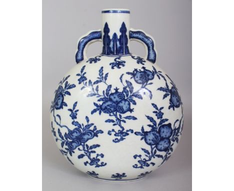 ANOTHER CHINESE MING STYLE BLUE & WHITE PORCELAIN MOON FLASK, decorated with sprays of flowers and with sprays of peach, ling