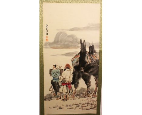 A CHINESE HANGING SCROLL PICTURE, decorated with calligraphy and with two villagers and a large animal in a landscape setting