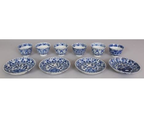 A GROUP OF 19TH CENTURY CHINESE KANGXI STYLE BLUE & WHITE PORCELAIN TEA WARES, comprising six teabowls and four saucers, each