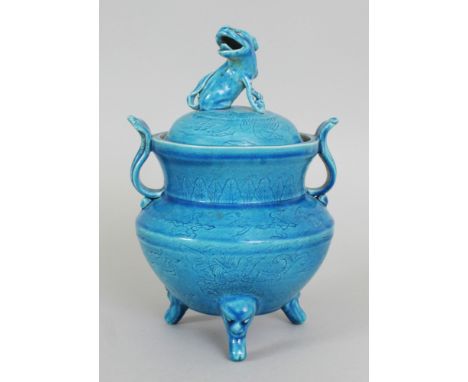 A CHINESE TURQUOISE GLAZED PORCELAIN TRIPOD CENSER & COVER, with underglaze incised decoration of kylin and a dragon, the fin