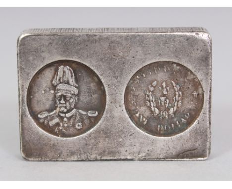 AN UNUSUAL CHINESE REPUBLIC PERIOD RECTANGULAR SILVER-METAL INGOT, weighing approx. 30.1gm, the top surface cast with a portr