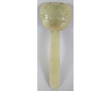 A FINE QUALITY CELADON JADE CARVING OF A RUYI SCEPTRE, carved in shallow relief with ducks in a lotus pond, the end of the ha