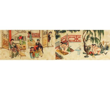 A PAIR OF WIDE CHINESE EROTIC SCROLL PICTURES, each approx. 106in x 11.25in. (2)