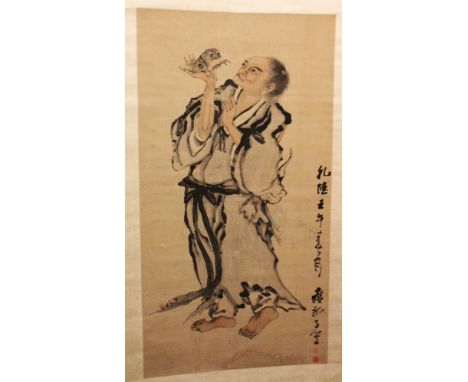 A GOOD CHINESE HANGING SCROLL PAINTING ON PAPER OF LIU HAICHAN WITH THE THREE LEGGED TOAD, the painting possibly by Huang She