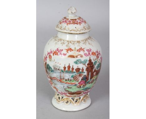 AN 18TH CENTURY CHINESE QIANLONG PERIOD MEISSEN STYLE FAMILLE ROSE PORCELAIN TEA CADDY & COVER, the sides painted with two pa