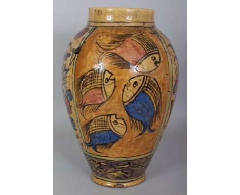 A PERSIAN QAJAR STYLE GLAZED CERAMIC VASE, decorated with stylised panels of fish and of foliage, the base unglazed, 12.8in h