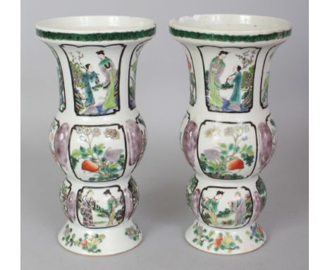 A PAIR OF GOOD QUALITY 19TH CENTURY CHINESE FAMILLE VERTE PORCELAIN GU VASES, each painted with a variety of floral, figural 