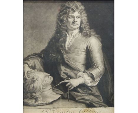 After Sir Godfrey Kneller, British/German 1646-1723- Portrait of Grinling Gibbons; mezzotint, 28 x 21.8 cm. Framed and glazed