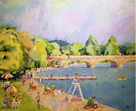 Artist: Michael Warren Artwork Title: Life Guard, The Serpentine Size: 61 x 51 cm Media: Oil on canvas  Artist Info:  Michael