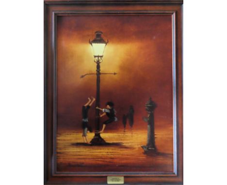 Tony Flanagan 20th century framed oil on board depicting children playing on a street light. Approx. 39 x 29cm

Reasonable us