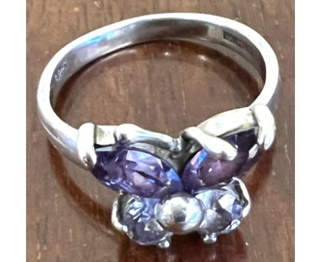 SILVER RING SET WITH COLOURED STONES, IN FORM OF BUTTERFLY

 