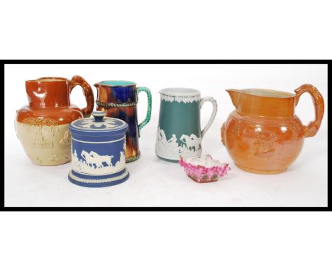 A group of vintage ceramic jugs, cups and pots to include Wedgwood cameo jasper ware, stoneware, ceramic grape dish etc. Plea