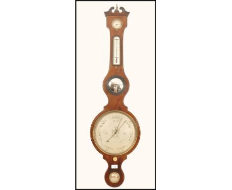 An early 19th Century mahogany and inlaid barometer / thermometer by Giobbio of Trowbridge and Devizes. The neck with alcohol