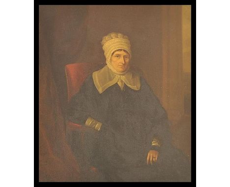 A 19th century English school portrait study - oil on board painting of an elderly lady in mourning. Set within good gilt pla