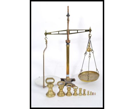 A fantastic 19th century Victorian Industrial arge brass and iron Parnall and Sons shop weighing scales complete with ceramic