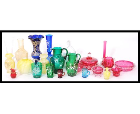 A large collection of vintage glassware to include cranberry glass, Czech Bohemian green glass studio art glass etc. Please s
