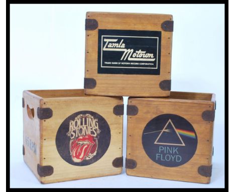 A group of three vintage style 45rpm record storage wooden boxes being metal bound to include Rolling Stones, Pink Floyd and 